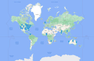 World map with pinned club locations around the world.